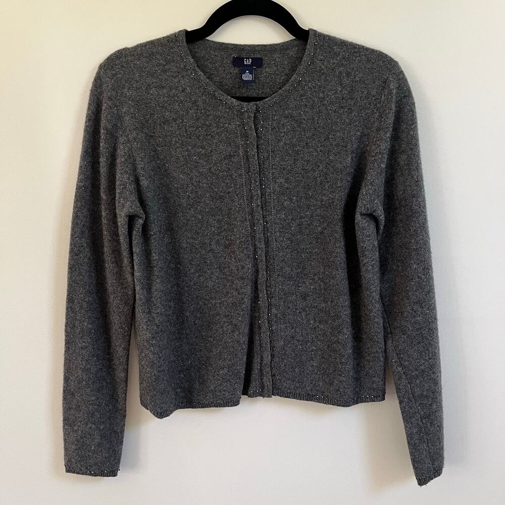 90s Y2K GAP Gray Beaded Lambswool Blend Crewneck Cardigan Women’s Sweater Size M